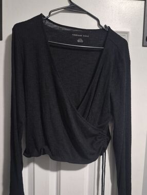 American Eagle Outfitters Black Ribbed Crossover Long-Sleeve Top